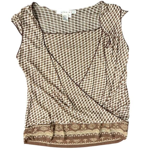 Studio M Geometric Brown Tan Squares Layered Tank Top Sleeveless Blouse size L - Picture 1 of 8